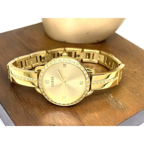 Guess Women\'s Watch GW0022L2 Quartz Gold Dial Gemmed Stainless Steel 30mm